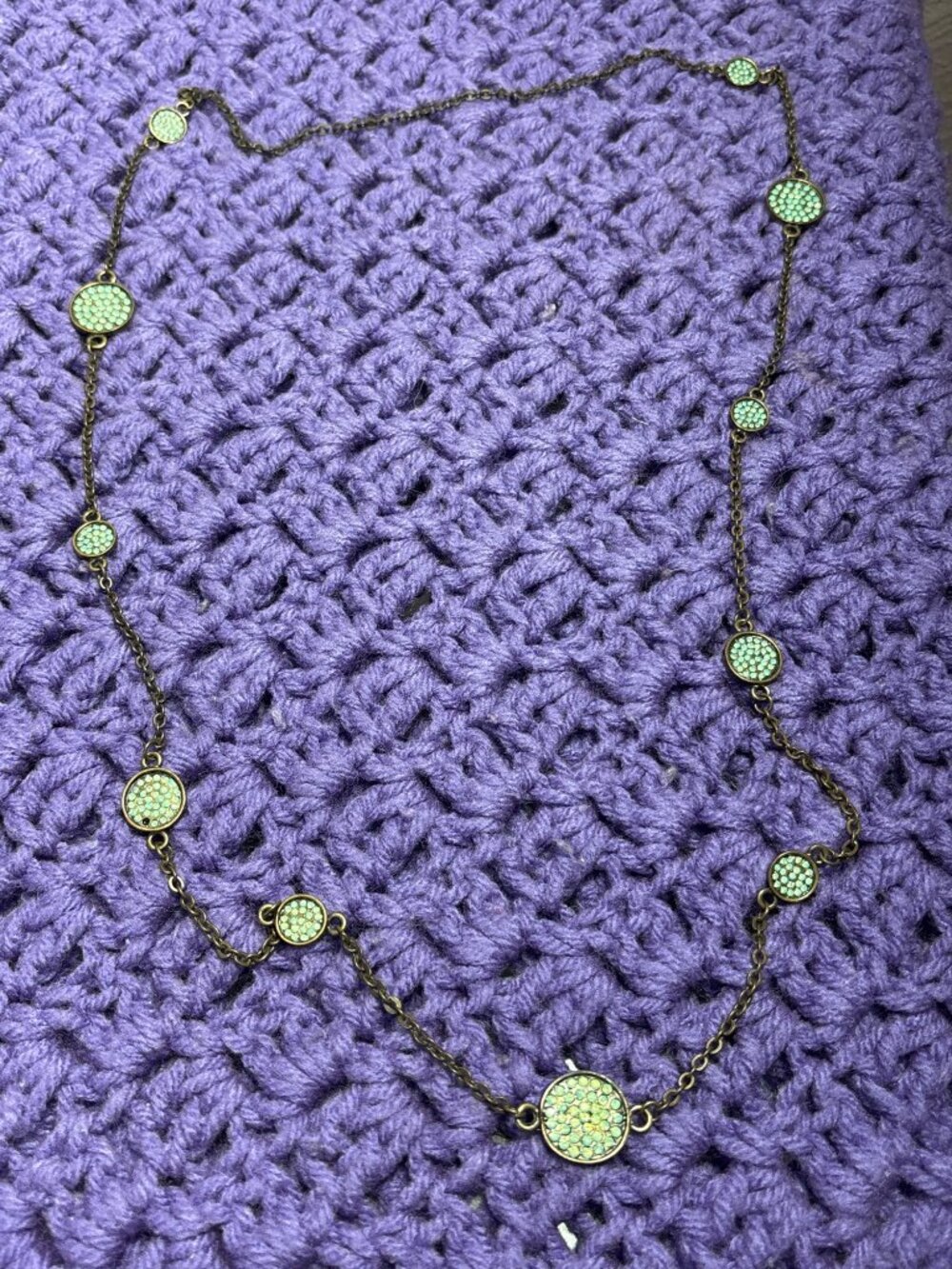 Bronze Color Chain Necklace Green Rhinestone Pave Stations 36 inch Long No Clasp